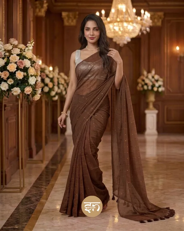Sunehri_Sitare:_Brown_Mul_Cotton_Saree_With_Sequin_Work_For_Women