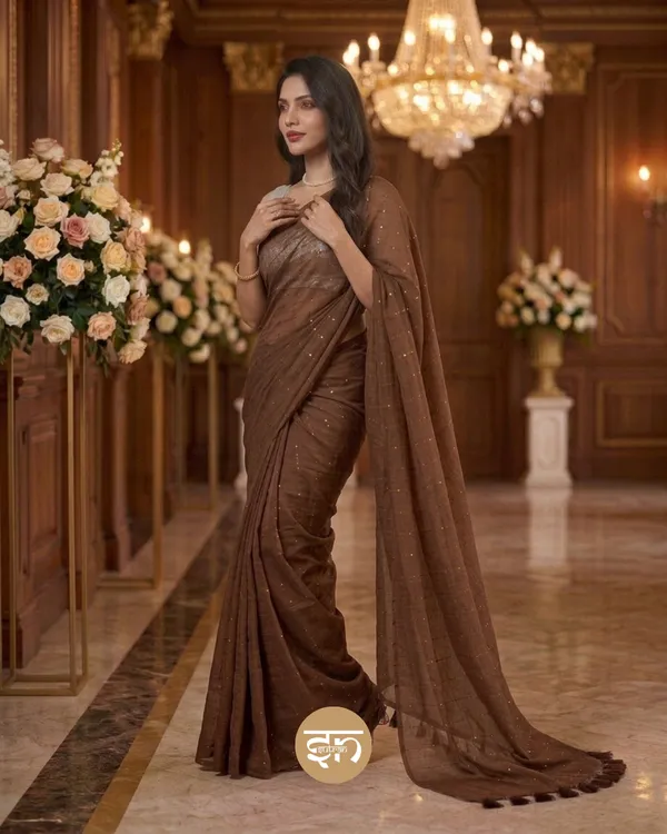 Sunehri_Sitare:_Brown_Mul_Cotton_Saree_With_Sequin_Work_For_Women