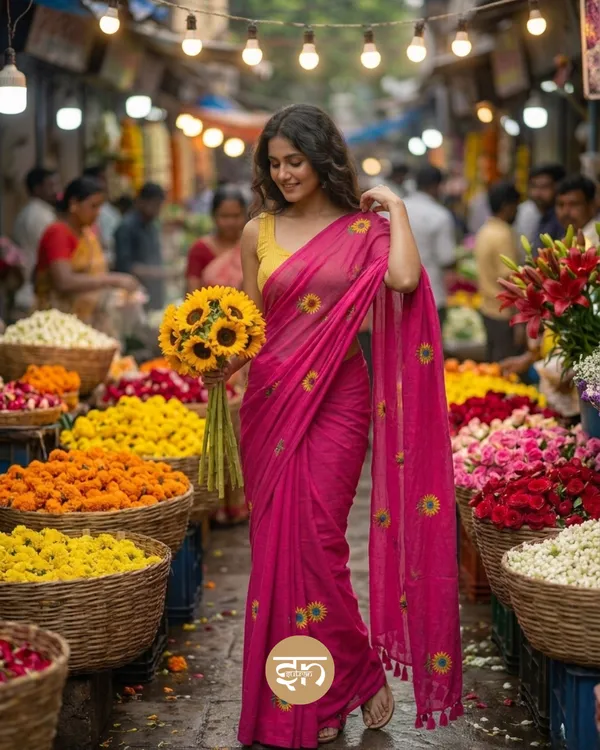 Sooraj_Ki_Bahoon_Mein:_Dark_Pink_Pure_Mul_Cotton_Saree_with_Beautiful_Sunflower_Embroidery_Work