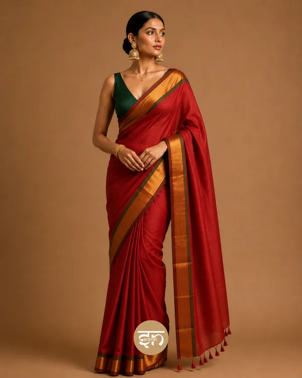 Anuragini:_Red_&_Golden_Mul_Cotton_Saree_For_Women