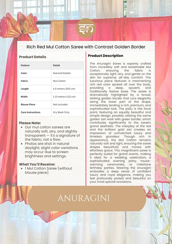 Anuragini:_Red_&_Golden_Mul_Cotton_Saree_For_Women