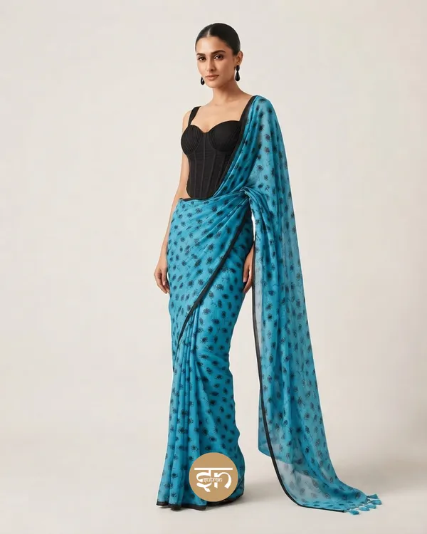 Drishti:_Aqua_Blue_&_Black_Mul_Cotton_Saree_With_Printed_Work_For_Women