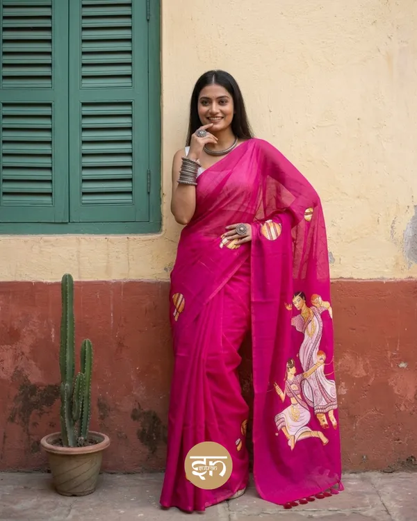 Dola_Re:_Pink_&_Multicolor_Mul_Cotton_Saree_With_Hand-Painted_Work_For_Women