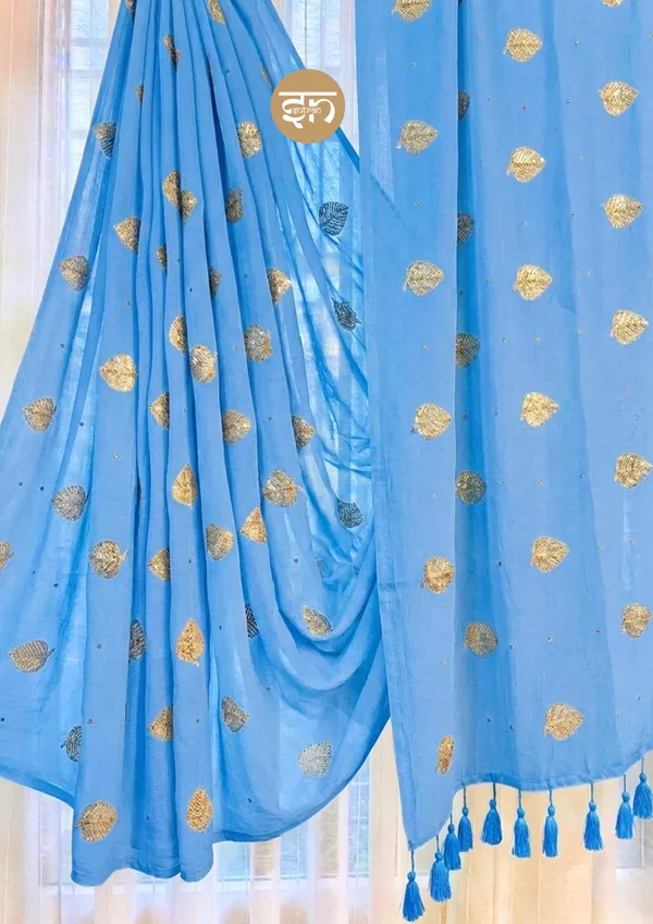 Moonlit_Leaves:_Ocean_Blue_Pure_Mul_Cotton_Saree_with_Elegant_Leaf_Sequin_Embroidery_Work