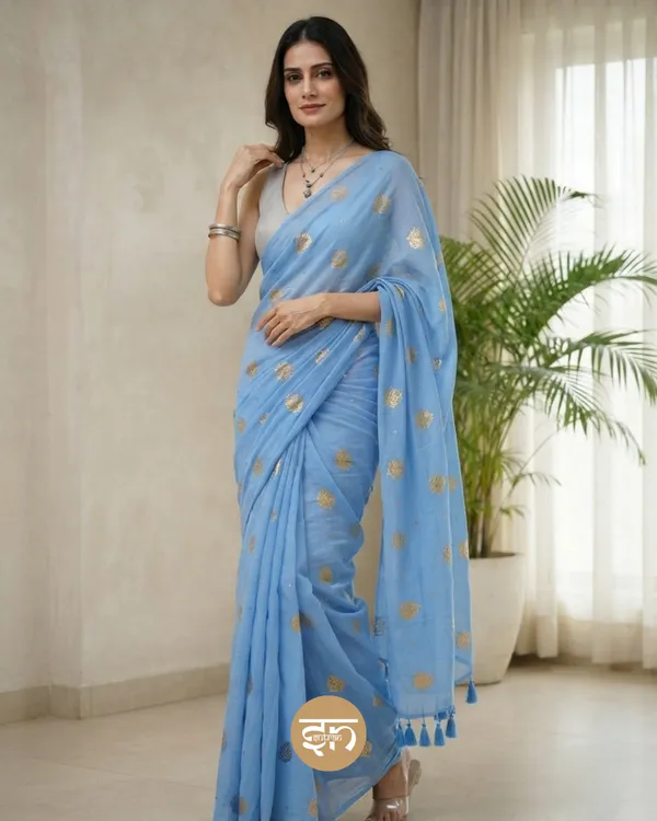 Moonlit_Leaves:_Ocean_Blue_Pure_Mul_Cotton_Saree_with_Elegant_Leaf_Sequin_Embroidery_Work