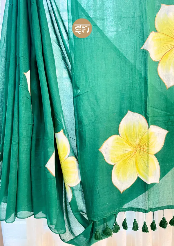 Ever_Blooming:_Emerald_Green_&_Yellow_Mul_Cotton_Saree_With_Hand-Painted_Work_For_Women