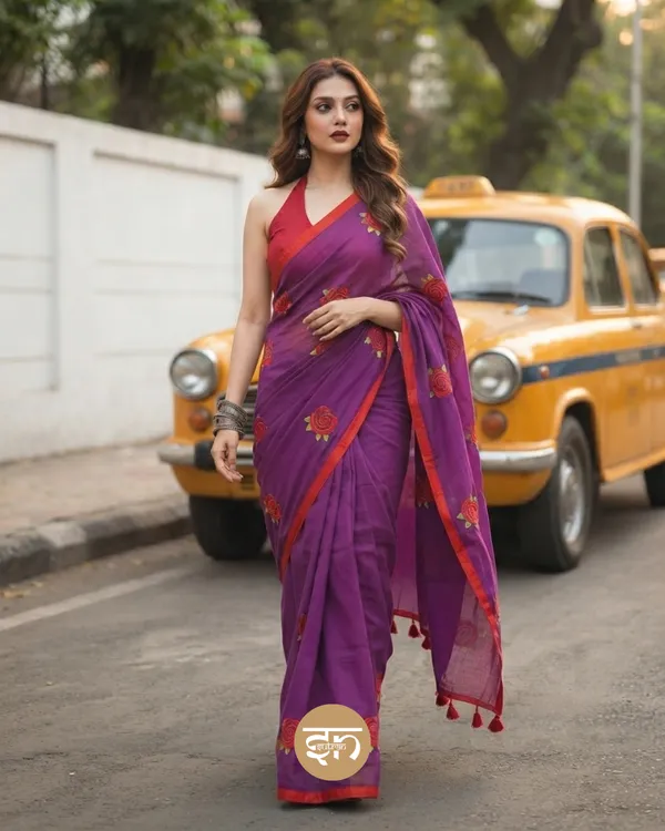 Seli_Fulkari:_Purple_Pure_Mul_Cotton_Saree_with_All-Over_Rose_Embroidery_Work