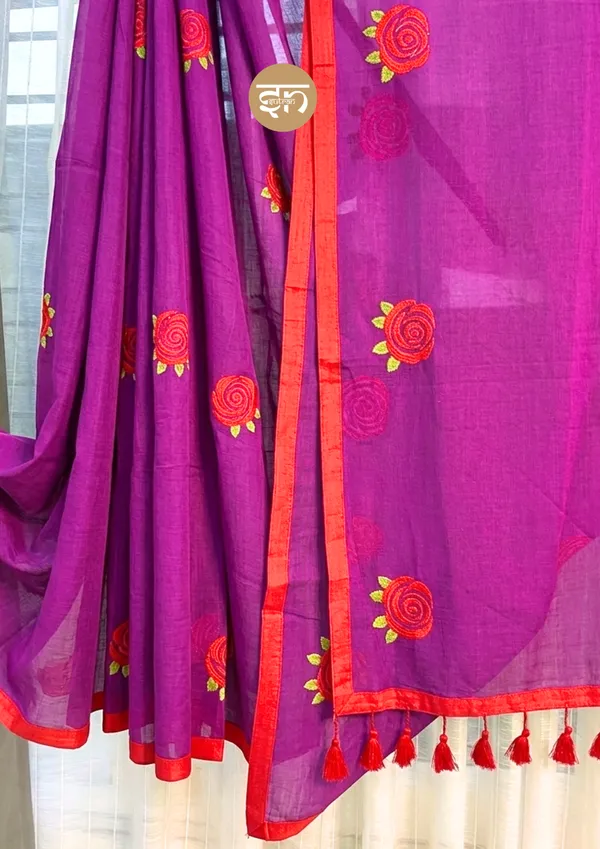 Seli_Fulkari:_Purple_Pure_Mul_Cotton_Saree_with_All-Over_Rose_Embroidery_Work