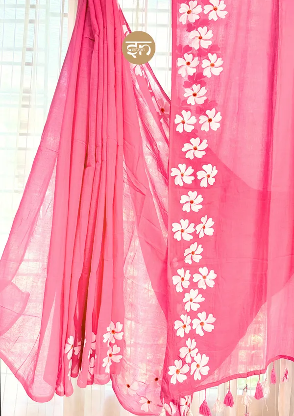Shilpi_Shiuli:_Pink_&_White_Mul_Cotton_Saree_With_Hand-Painted_Work_For_Women