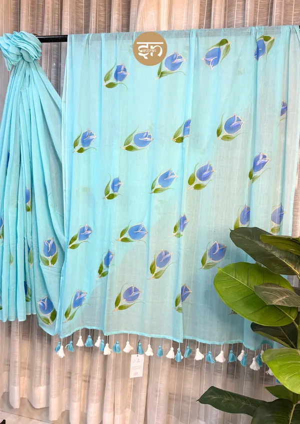 Rang_Rang_Mein:_Sky_Blue_Mul_Cotton_Saree_With_Hand-Painted_Work_For_Women