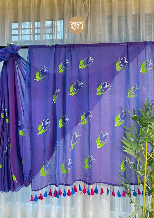 Rang_Rang_Mein:_Blue_&_Green_Mul_Cotton_Saree_With_Hand-Painted_Work_For_Women