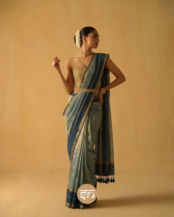 Taradhuli:_Blue_&_Golden_Raga_Tissue_Saree_With_Blouse_Piece_For_Women