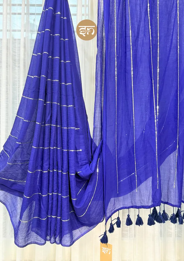 Jashn-E-Bahara:_Royal_Blue_&_Silver_Mul_Cotton_Saree_With_Sequin_Work_For_Women