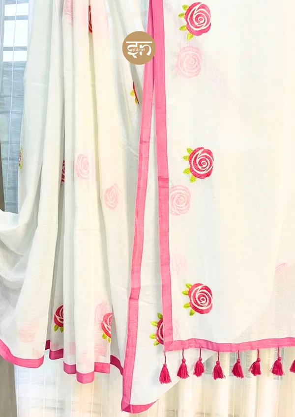 Seli_Fulkari:_White_Pure_Mul_Cotton_Saree_with_All-Over_Rose_Embroidery_Work
