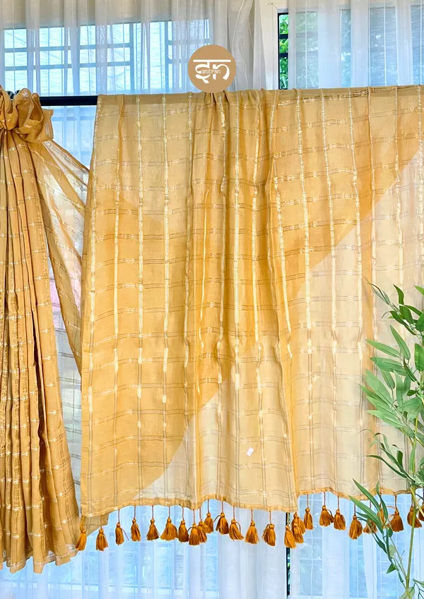 Zarisaaz:_Beige_&_Golden_Mul_Cotton_Sitar_Box_Saree_For_Women