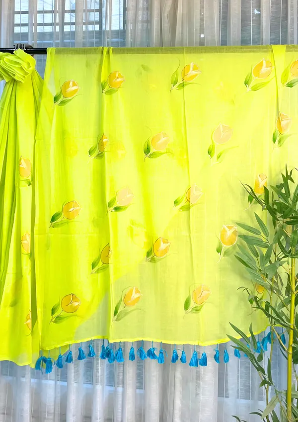 Rang_Rang_Mein:_Lime_Green_Mul_Cotton_Saree_With_Hand-Painted_Work_For_Women