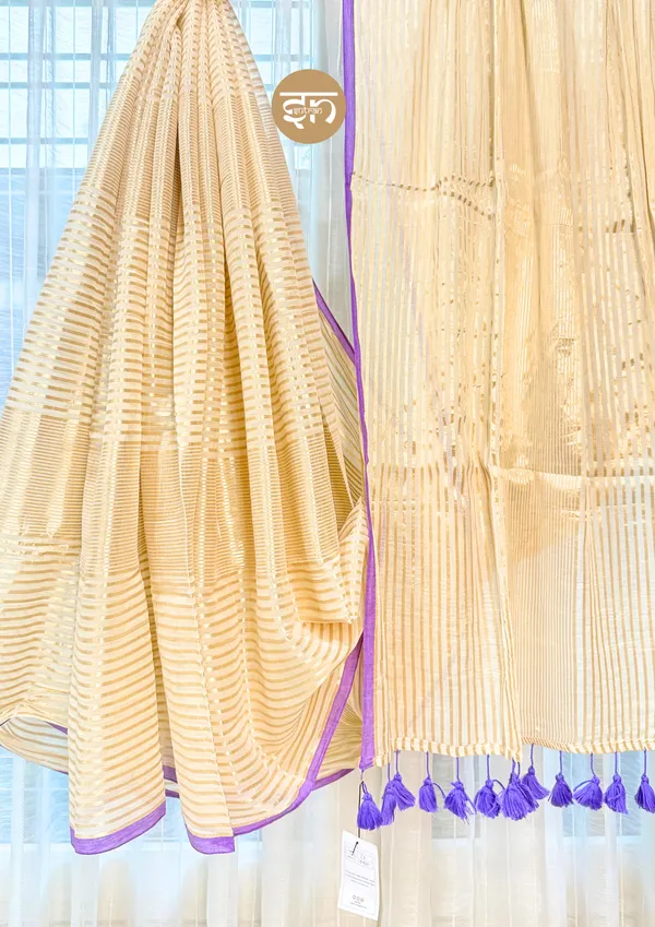 Chandbaliya:_White,_Purple_&_Golden_Fuji_Cotton_Saree_For_Women