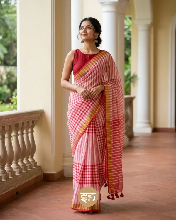 Loom_Threads:_Red_&_White_Mul_Cotton_Saree_With_Gamcha_Work_For_Women