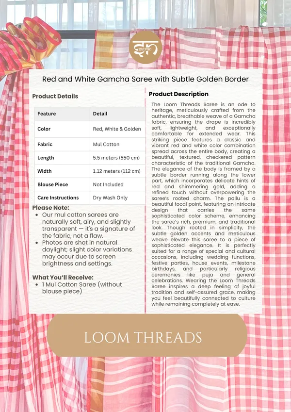 Loom_Threads:_Red_&_White_Mul_Cotton_Saree_With_Gamcha_Work_For_Women