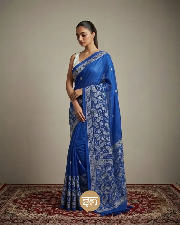 Khwaab_Buney_Hue:_Royal_Blue_Elegant_Mul_Cotton_Saree_with_Delicate_Chikankari_Work