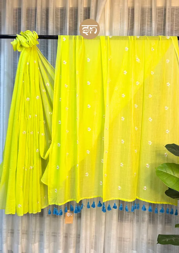 Truly_Shiuli:_Lime_Green_Mul_Cotton_Saree_With_Embroidery_Work_For_Women