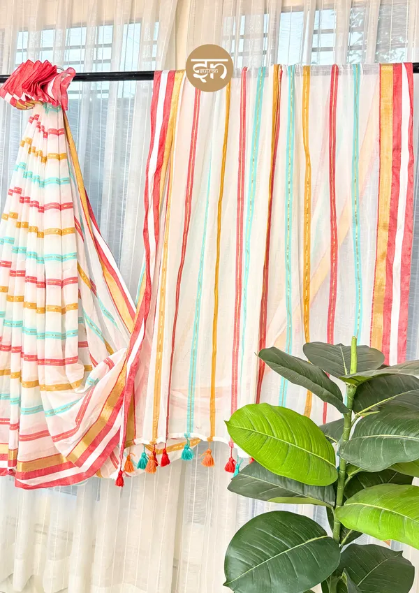 Rangtarang:_White_&_Multicolor_Mul_Cotton_Saree_For_Women