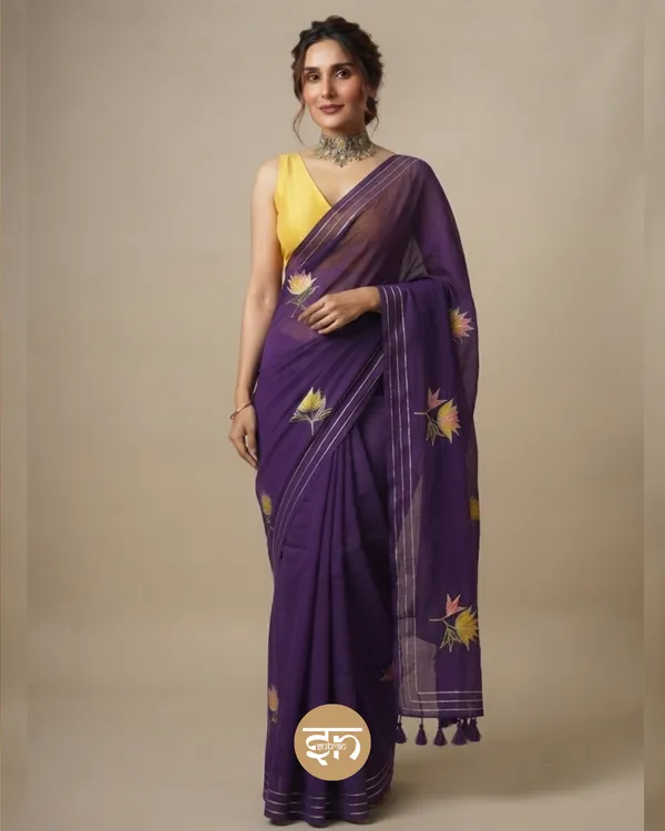 Gulbahar:_Purple_Mul_Cotton_Saree_With_Embroidery_&_Sequin_Work_For_Women