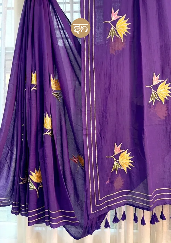 Gulbahar:_Purple_Mul_Cotton_Saree_With_Embroidery_&_Sequin_Work_For_Women