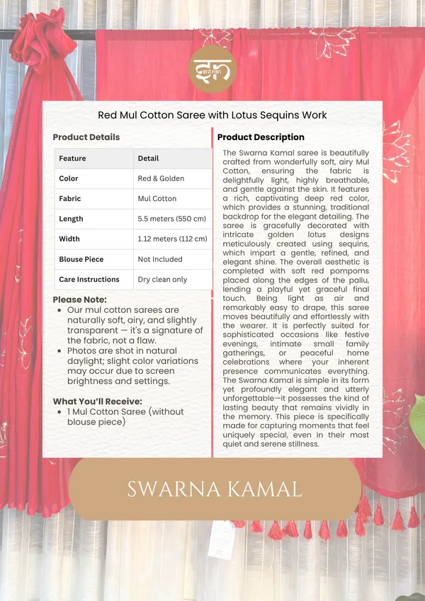 Swarnakamal:_Red_&_Golden_Mul_Cotton_Saree_With_Sequin_Work_For_Women