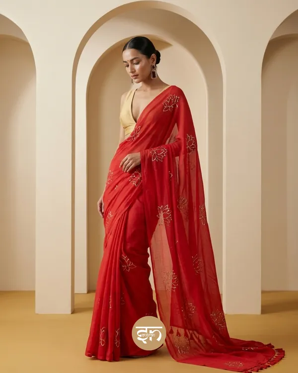 Swarnakamal:_Red_&_Golden_Mul_Cotton_Saree_With_Sequin_Work_For_Women