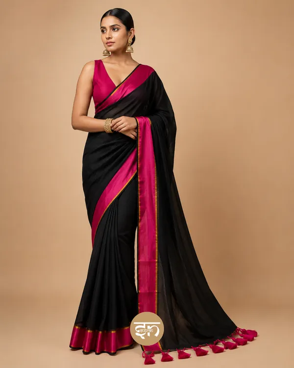 Anuragini:_Black_Saree_with_Broad_Pink_Border_For_Women