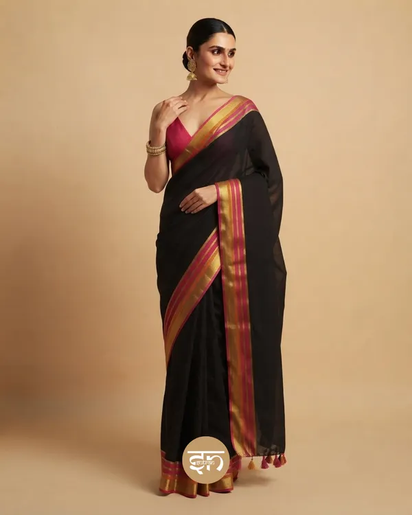 Anuragini:_Black_Saree_with_Golden,_Pink_&_Orange_Border_for_Women