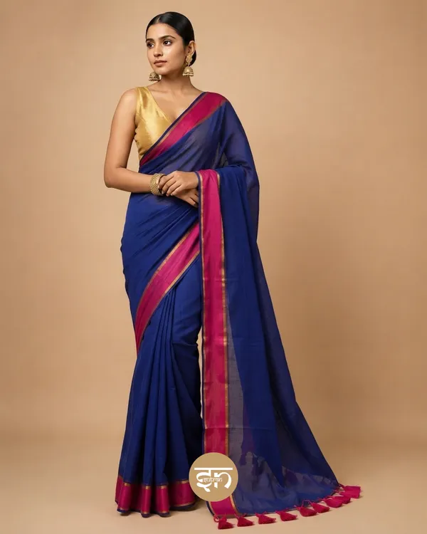Anuragini:_Blue_Saree_with_Broad_Pink_Border_for_Women