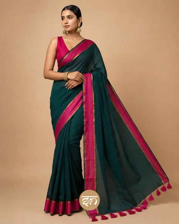 Anuragini:_Bottle_Green_Saree_with_Broad_Pink_Border_for_Women