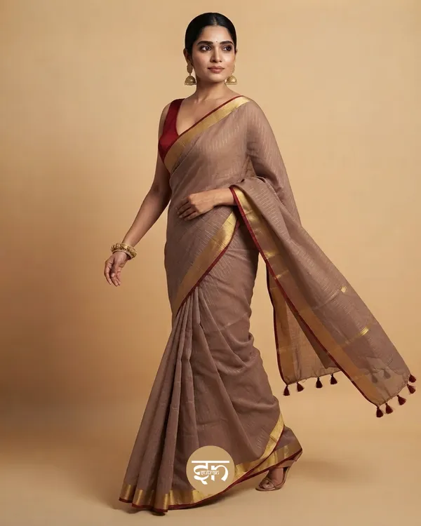 Anuragini:_Brown_Saree_with_Broad_Golden_and_Subtle_Red_Border_for_Women