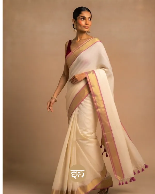 Anuragini:_Off-White_Saree_with_Broad_Golden_and_Pink_Border_for_Women