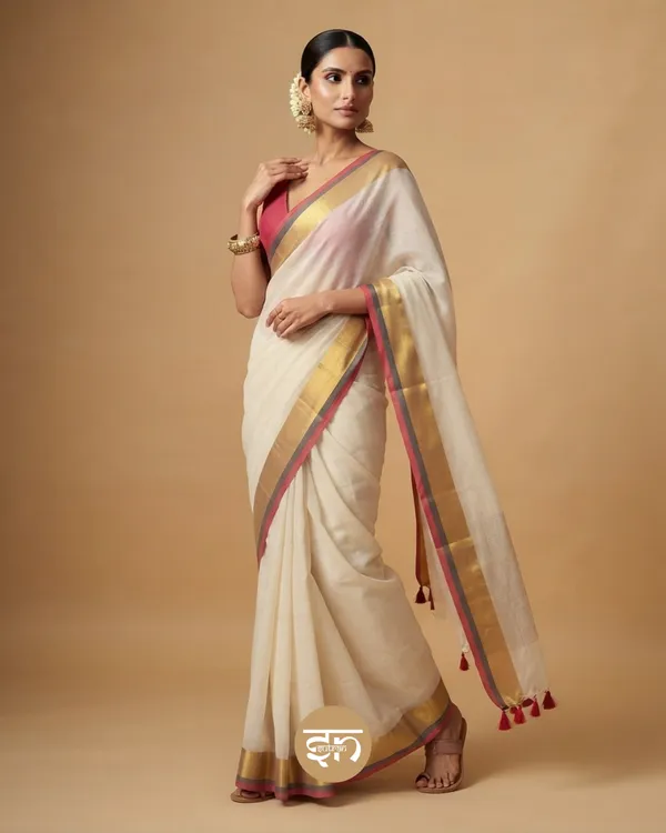 Anuragini:_Off-White_Saree_with_Broad_Golden_and_Subtle_Red_&_Green_Border_for_Women