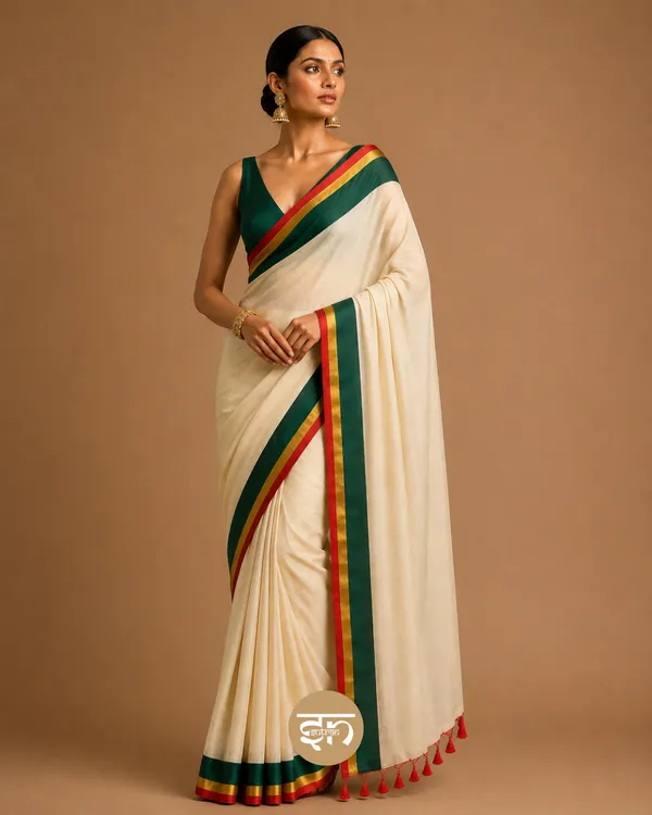 Anuragini:_Off-White_Saree_with_Broad_Green_and_Subtle_Red_&_Golden_Border_for_Women