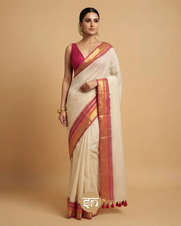 Anuragini:_Off-White_Saree_with_Golden,_Orange_&_Pink_Border_for_Women