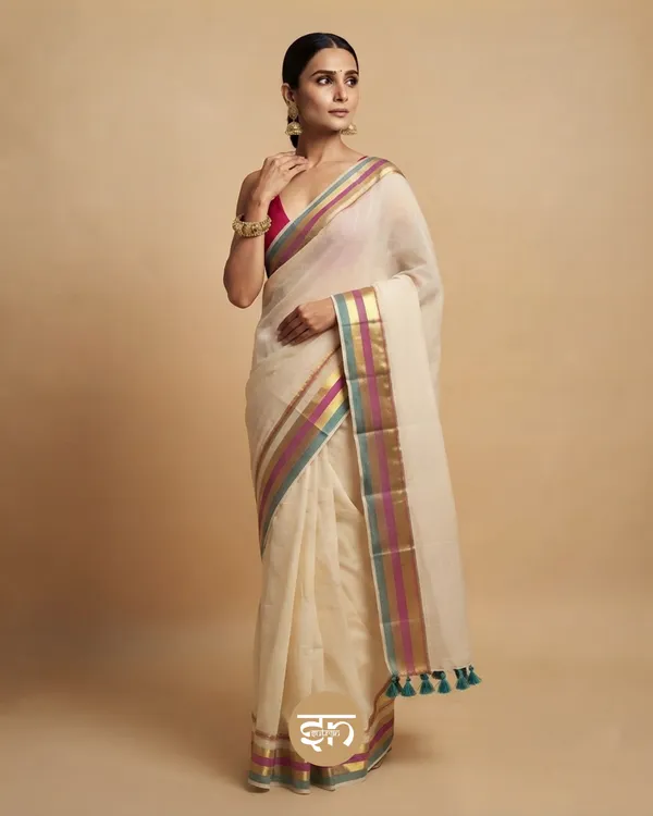 Anuragini:_Off-White_Saree_with_Golden,_Pink_&_Blue_Border_for_Women