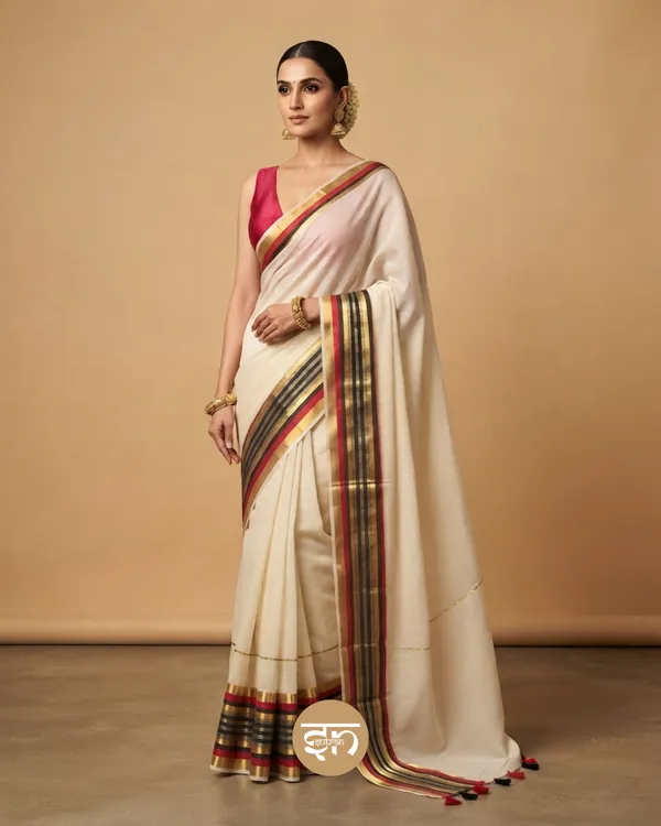 Anuragini:_Off-White_Saree_with_Golden,_Red_and_Black_Border_for_Women