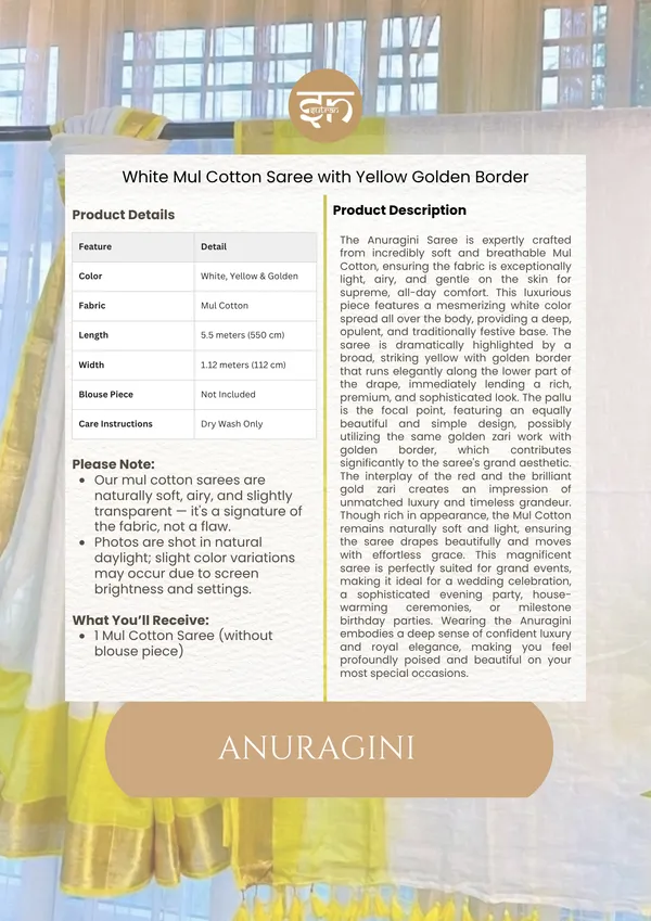 Anuragini:_White_&_Yellow_Mul_Cotton_Saree_For_Women