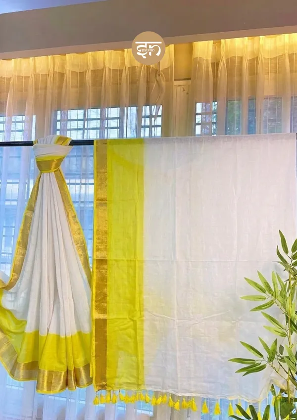 Anuragini:_White_&_Yellow_Mul_Cotton_Saree_For_Women