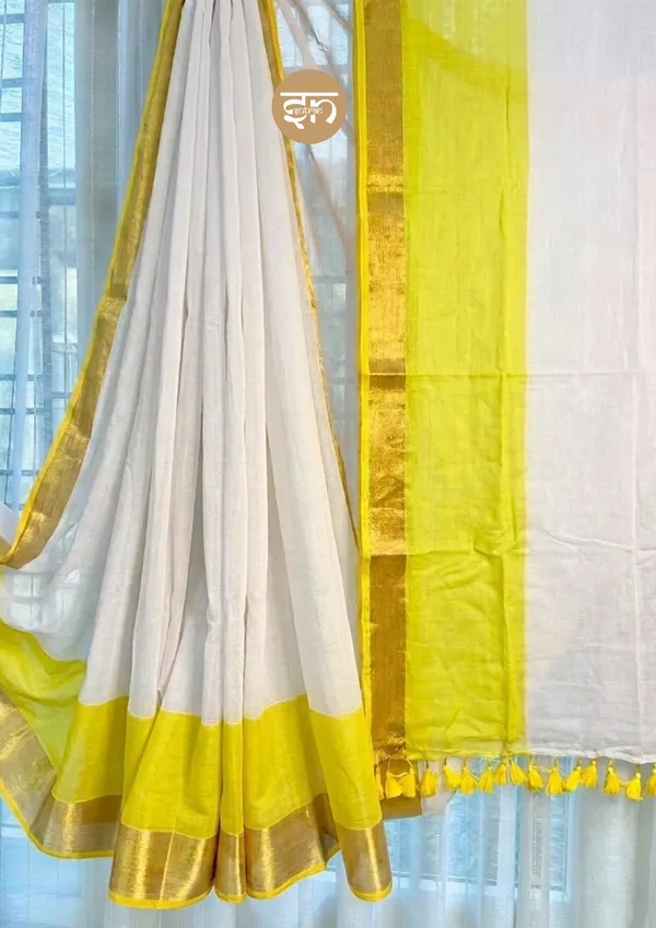 Anuragini:_White_&_Yellow_Mul_Cotton_Saree_For_Women