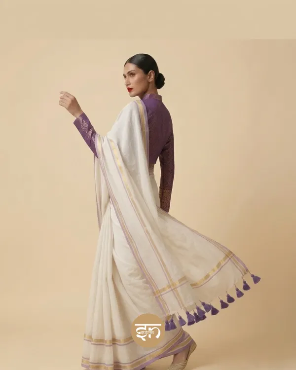 Chandragini:_White_&_Purple_Mul_Cotton_Saree_For_Women