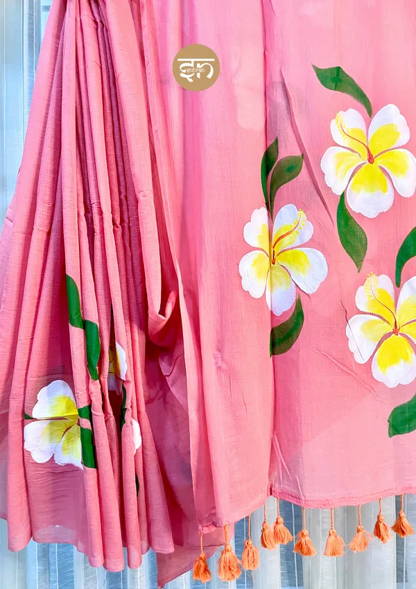 Ever_Blooming:_Pink_&_White_Mul_Cotton_Saree_With_Hand-Painted_Work_For_Women