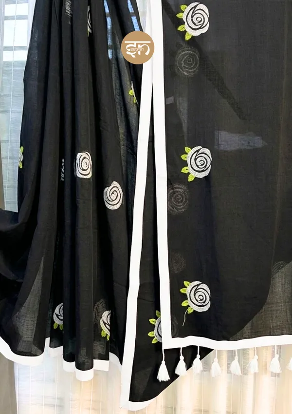 Seli_Fulkari:_Black_Pure_Mul_Cotton_Saree_with_All-Over_Rose_Embroidery_Work