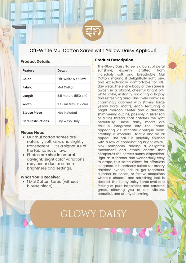 Glowy_Daisy:_White_&_Yellow_Mul_Cotton_Saree_With_Applique_&_Sequin_Work_For_Women