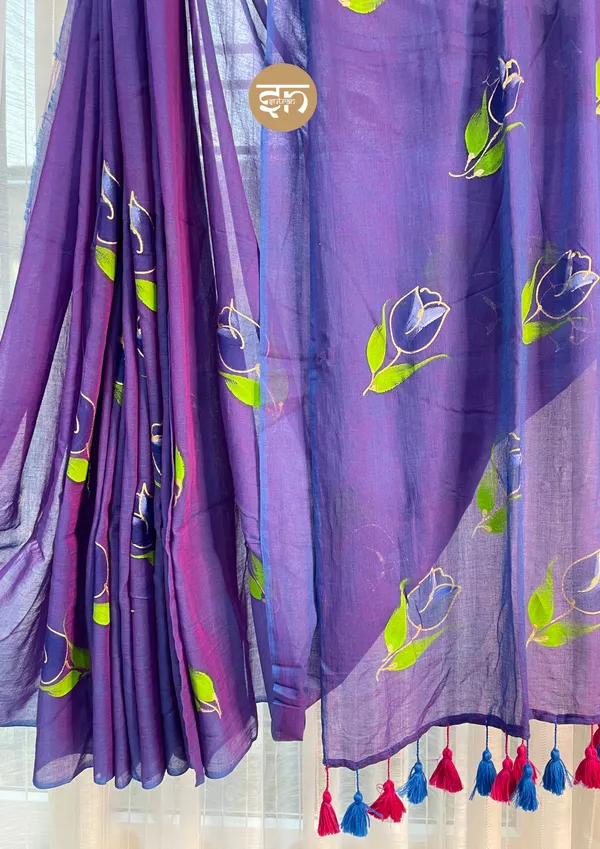 Rang_Rang_Mein:_Blue_&_Green_Mul_Cotton_Saree_With_Hand-Painted_Work_For_Women