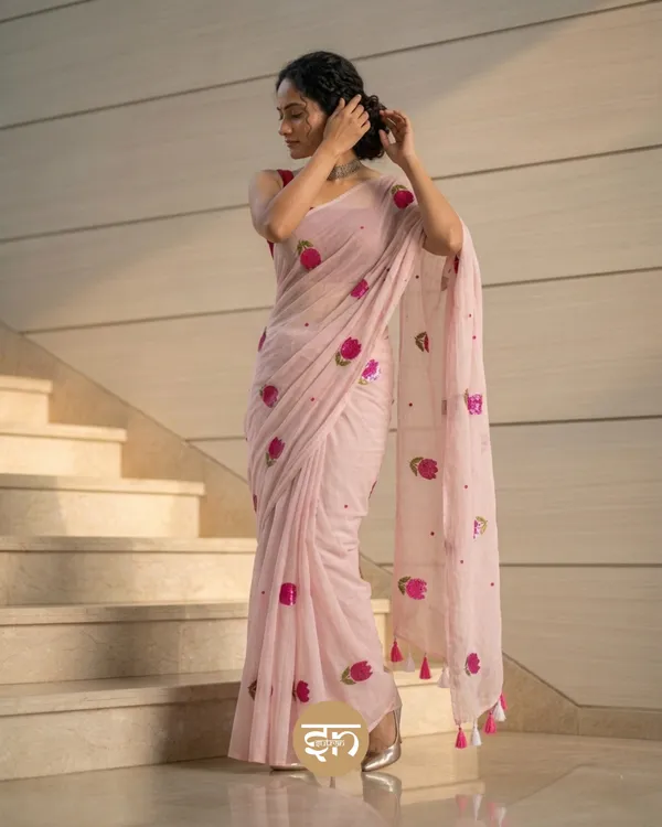 Bloomari:_Baby_Pink_Pure_Mul_Cotton_Saree_with_Delicate_Tulip_Sequins_Work